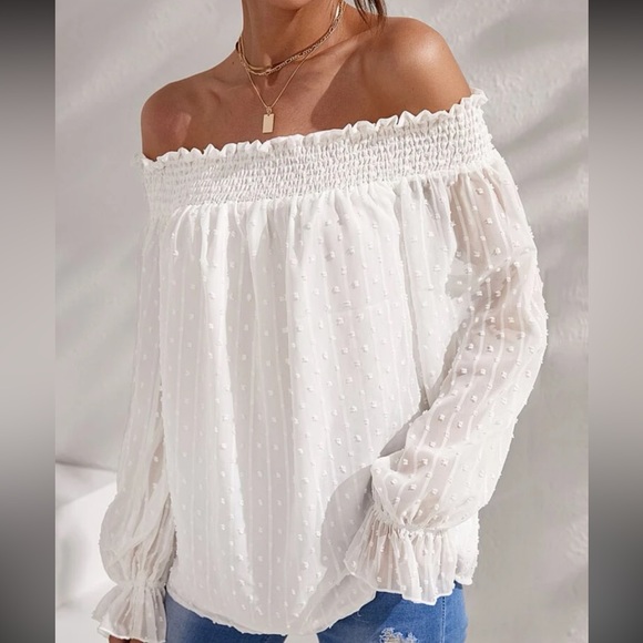 Boho Swiss Dot Off Shoulder Top Blouse Shirt - Picture 2 of 5